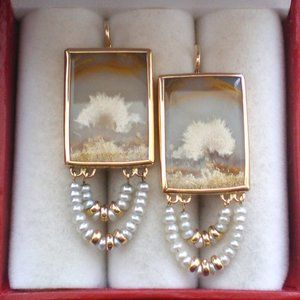 LARGE Vintage 14K Yellow Gold Picture Agate Seed Pearl Dangle Drop EARRINGS